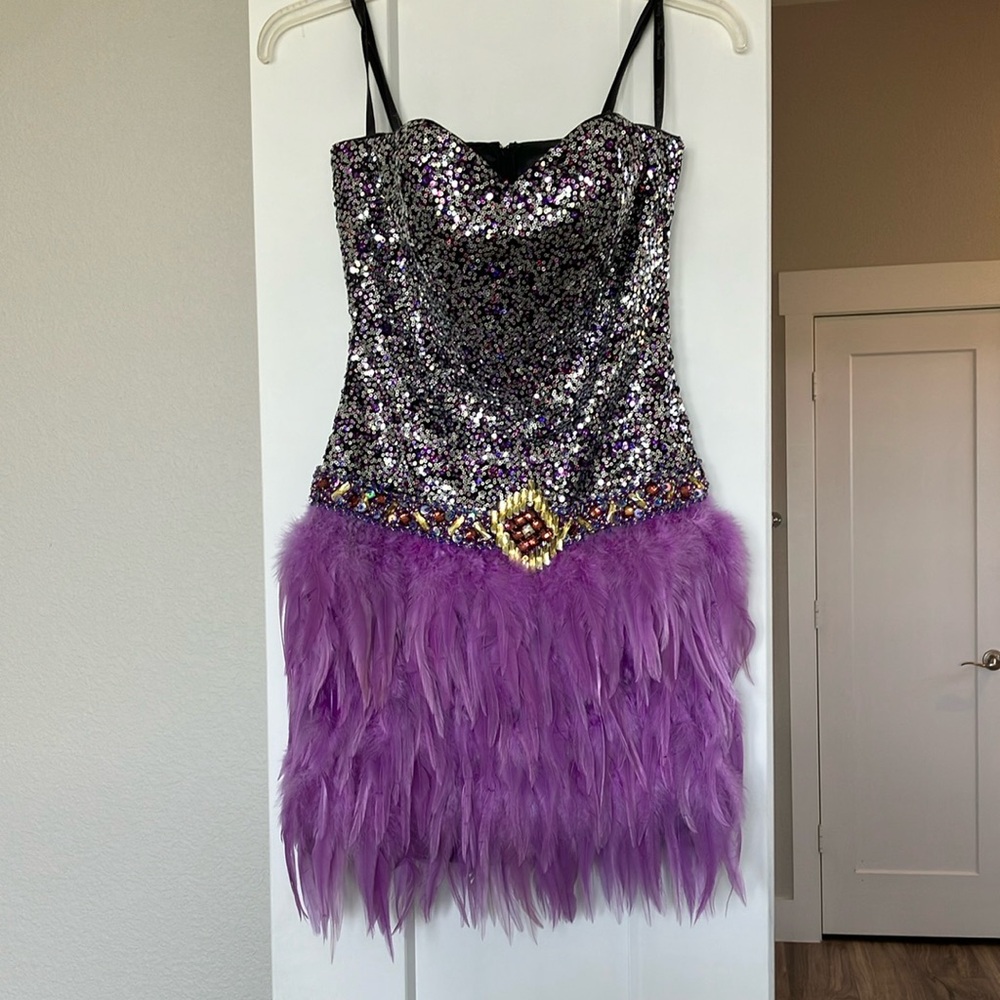 Sequin and Feather Strapless Dress